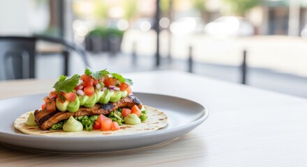 Gourmet fish taco with fresh toppings and avocado crema on a plate in a restaurant setting.