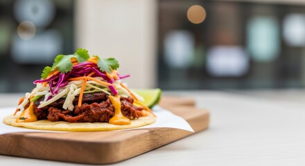 Delicious Gourmet Taco with Fresh Toppings and Lime Wedge on Wooden Board