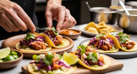 Chef's hands meticulously arranging fresh tacos with vibrant toppings.