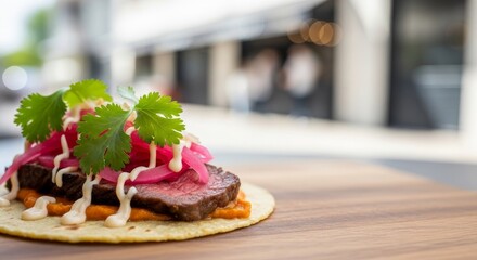 Gourmet Steak Taco with Pickled Onions and Cilantro on a Wooden Board