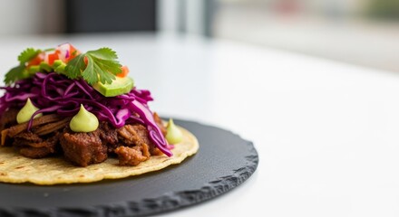 Delicious gourmet taco with shredded meat, red cabbage, avocado, and cilantro, served on a slate plate.