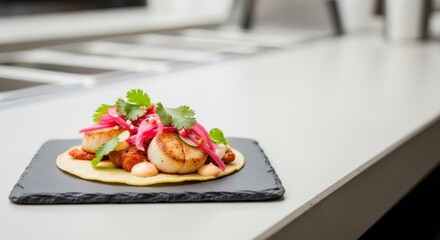 Gourmet scallop taco with pickled onions and cilantro, artfully presented on a slate plate.