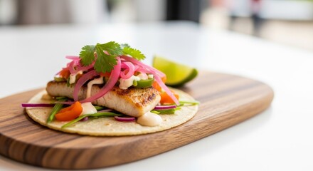 Delicious Grilled Fish Taco with Fresh Toppings on Wooden Board