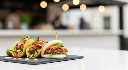 Gourmet Tacos and Bao Bun Slider with Fresh Toppings Served on a Slate Platter