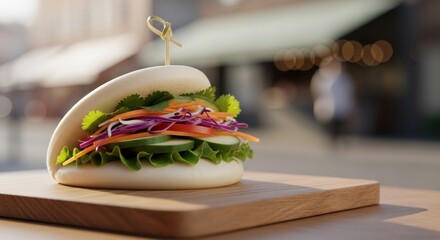 Fresh and Healthy Bao Bun with Vibrant Vegetables on a Wooden Board