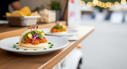 Gourmet Bao Bun with Crispy Chicken and Fresh Salad Served from a Food Truck.