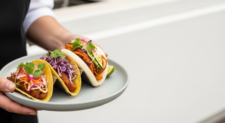 Server presenting a plate of delicious tacos and bao buns with fresh garnishes.