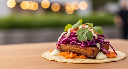 Gourmet Pork Belly Taco with Vibrant Toppings on a Wooden Table