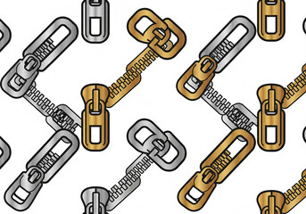 Seamless pattern of golden and silver zippers on a white background.