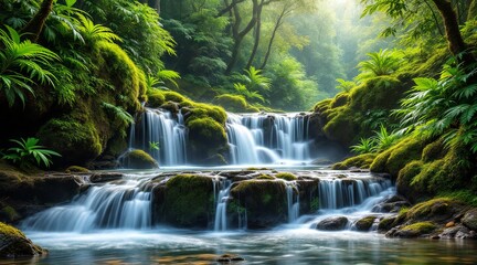 Obraz premium Lush green rainforest with cascading waterfalls and sunlight filtering through dense foliage
