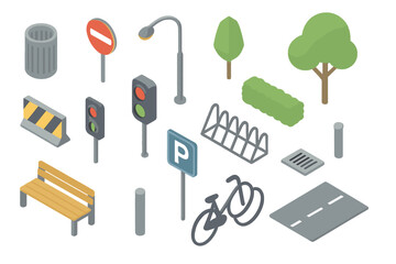 Isometric urban infrastructure elements collection featuring street lights, traffic signs, park bench, and trees
