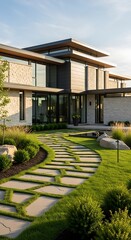 Modern Luxury Home with Lush Green Landscape and Stone Pathway.