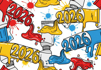 Colorful 2026 Year Paint Tubes and Splatters Seamless Pattern