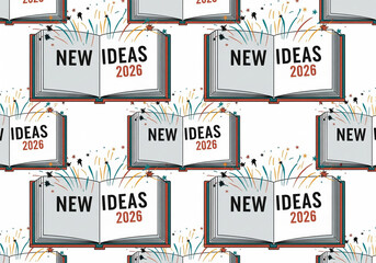 Open book with "New Ideas 2026" and fireworks, symbolizing innovation and future possibilities.