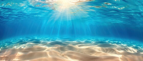 Seabed sand with blue ocean summer sun shining bright calm sea water ripples.