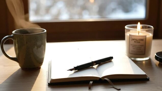 Steaming coffee mug, open notebook, and lit candle on a table by a window.