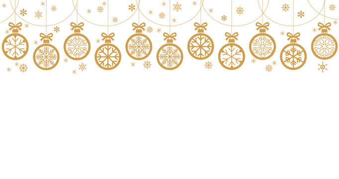 Horizontal white background template featuring a dense, seamless border of hanging gold/copper Christmas ornaments decorated with intricate snowflake designs. Includes dotted strings, bows, and scatte