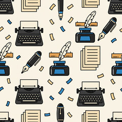 Retro Writing Tools Seamless Pattern with Typewriters and Fountain Pens