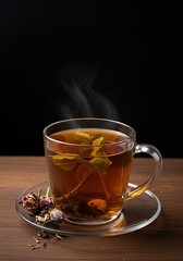 A warm teacup filled with soothing herbal tea, steeping with aromatic loose leaf blend, perfect for relaxation ,beverage ,still life ,peaceful