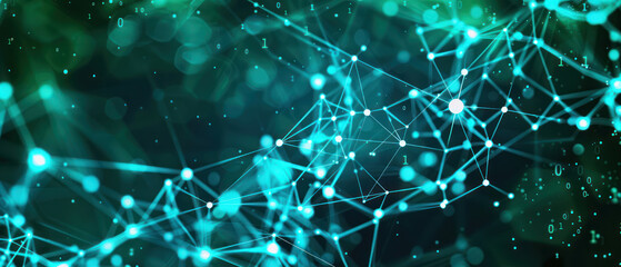 Abstract blue green cyber network grid and connected particles futuristic.