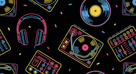 Retro DJ Equipment Pattern: Turntables, Headphones, and Mixer in Neon Colors on Black