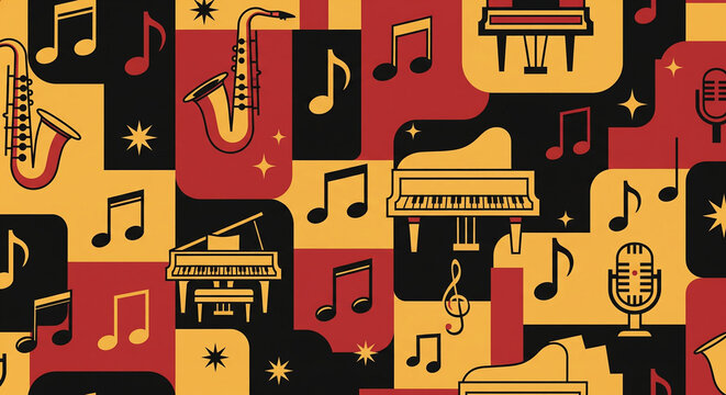 Retro Jazz Music Pattern with Saxophone, Piano, and Microphone