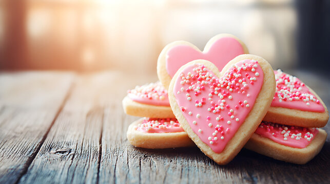 Heart Shaped Cookies with Pink Icing and Sprinkles in Warm Light for Valentines Card