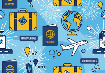 Global travel and new adventures concept with luggage, passport, and airplane.
