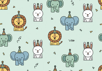 Cute animals wearing party hats with confetti, seamless pattern.