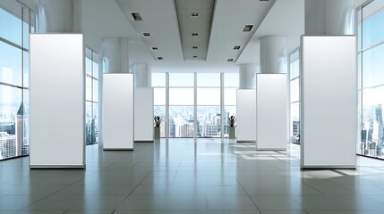 Modern Office Space with Blank Banners and City View Backdrop