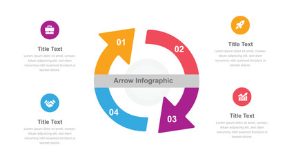 Colorful FourStep Arrow Infographic with Business Icons and Dummy Text Descriptions on White Background