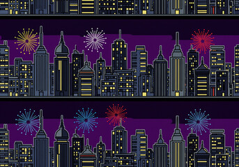 Seamless Cityscape Skyline with Fireworks at Night