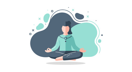 A serene illustration depicts a person meditating in a lotus position, promoting inner peace and mindfulness against a backdrop of abstract shapes.