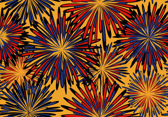 Vibrant Abstract Burst Pattern with Red, Blue, and Black Petal Shapes on Yellow Background