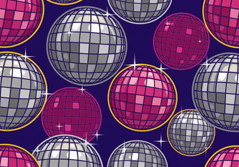 Seamless pattern of sparkling disco balls and stars on a dark purple background.