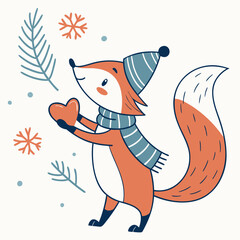 Cute Curious Foxe, accessorized with holding a heart, in a Winter world – Winter Wonderland palette vector