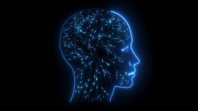 A human head silhouette contains bright neon circuits with connecting lines, representing the concept of artificial intelligence and data processing 4k Animation..