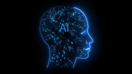 A human head silhouette contains bright neon circuits with connecting lines, representing the concept of artificial intelligence and data processing 4k Animation.. - Powered by Adobe