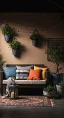 A welcoming outdoor living space adorned with cozy decorations and vibrant potted plants, creating an inviting atmosphere ,daylight ,traditional ,peaceful