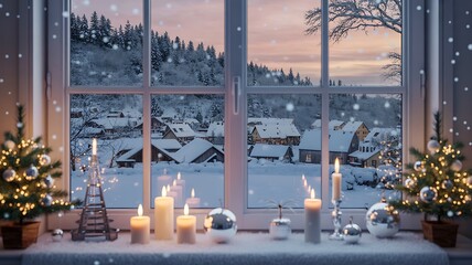 Cozy winter scene through the window with Christmas decorations indoors