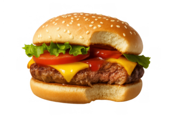 Cheeseburger with a bite taken out, showing melting cheese, ketchup, lettuce, and tomato on a sesame seed bun