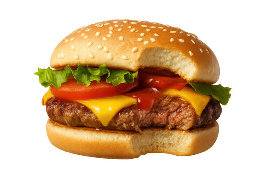 Cheeseburger with a bite taken out, showing melting cheese, ketchup, lettuce, and tomato on a sesame seed bun - Powered by Adobe