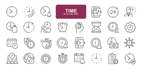 Set of line icons related to time, clock, calendar, timer. Outline icons collection