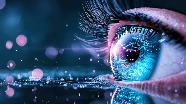 A close-up view of a blue human eye with a digital circuit pattern reflected in the iris, surrounded by glowing lights and bokeh.