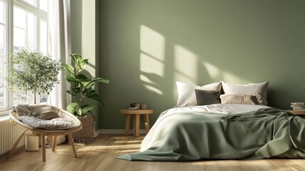 A bright and modern urban bedroom with a queen-size bed, muted sage green walls, and sleek wooden flooring, blending serenity with style.