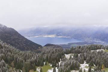 Aerial view of crisp evergreen trees dusted with snow lead to a serene lake nestled between the rolling mountains, Vouvry, Valais, Switzerland.