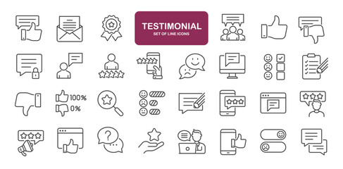 Set of line icons related to feedback, testimonial, review, rating, survey. Outline icons collection