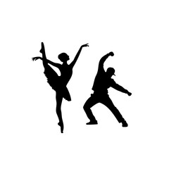 Silhouette of a ballerina in a tutu and a hip hop dancer on a white background in a dynamic pose