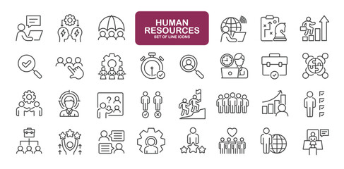 Set of line icons related to human resources, headhunting, recruitment, hiring, resume. Outline icons collection