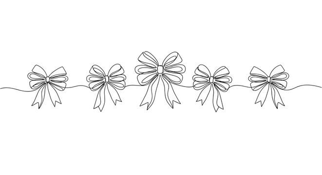 Decorative line of ribbon bows in minimal style on white background  
